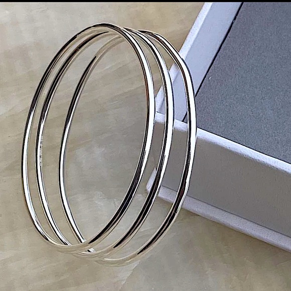 Sterling Silver Three Piece Thin Bangle Minimalist Bracelet Set - Picture 3 of 4